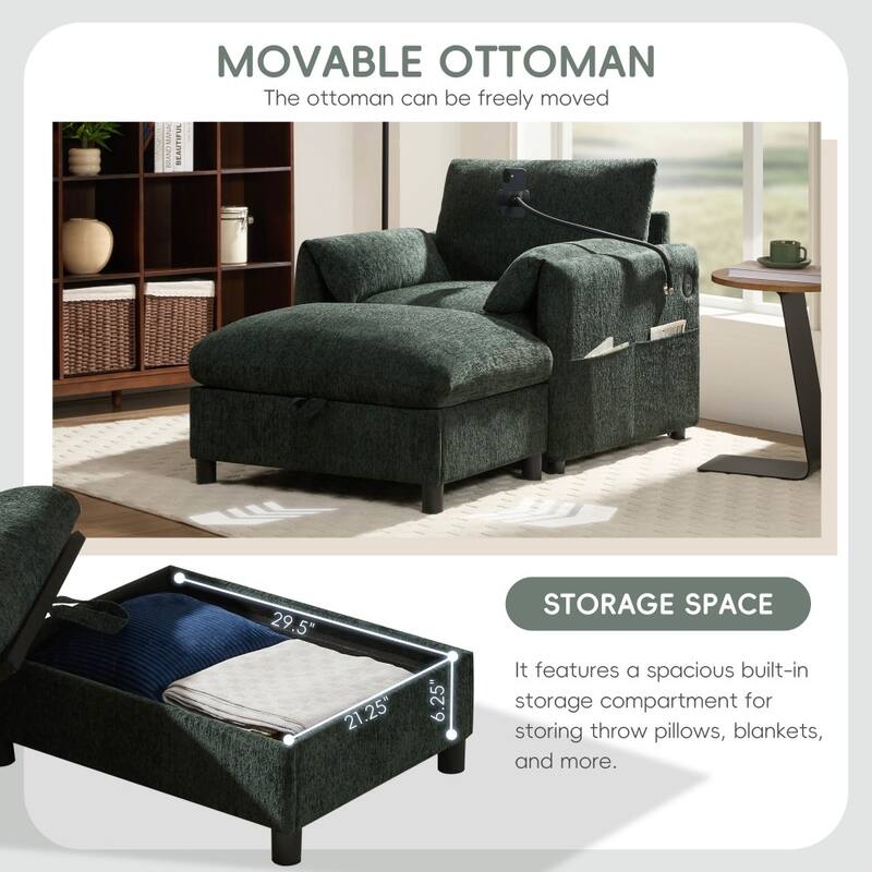 38" Chenille Single Sofa with Storage Ottoman, USB Charger, Side Storage Pockets, Pillow-like Armrests