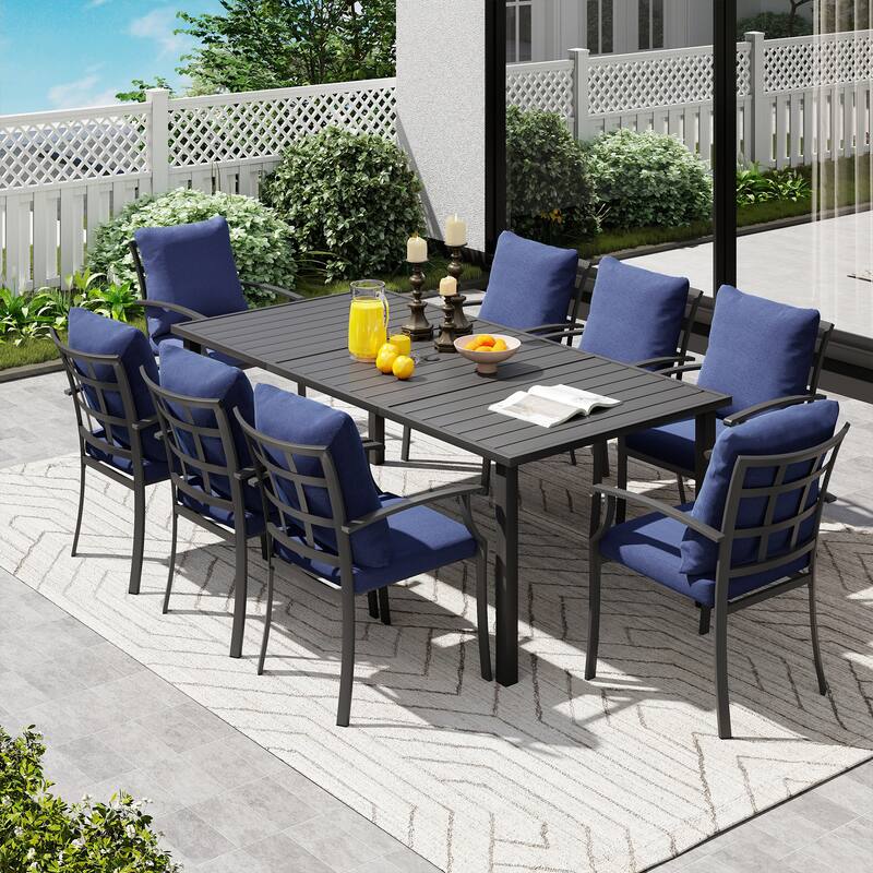IvyGlow 9-Piece Black Metal Patio Dining Set with Rectangular Table and Gray Cushions