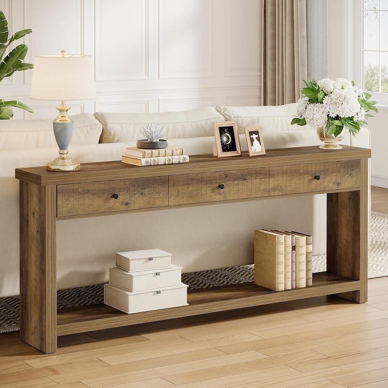 Extra Long Wood Console Table, Oak Sofa Entryway Table with 3 Drawers & Storage Shelves for Living Room, Hallway, Foyer