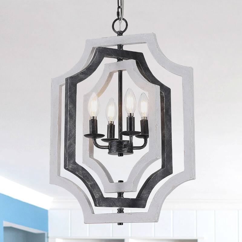 CurveCurio 18" Boho Adjustable Three-Tier Solid Wood Shade Pendant Light w 4 Lights, Austable Hanging Chain Chandelier - Distressed Withe w Matte Black