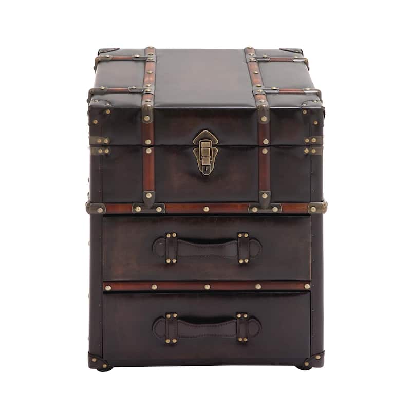 Faux Leather Vintage 2 Drawer Accent Table with Buckle Hinged Top - Dark Brown - Roche River Decor - Dark Brown