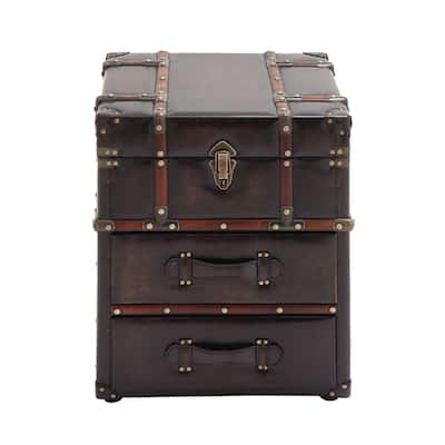 Faux Leather Vintage 2 Drawer Accent Table with Buckle Hinged Top - Dark Brown - Roche River Decor