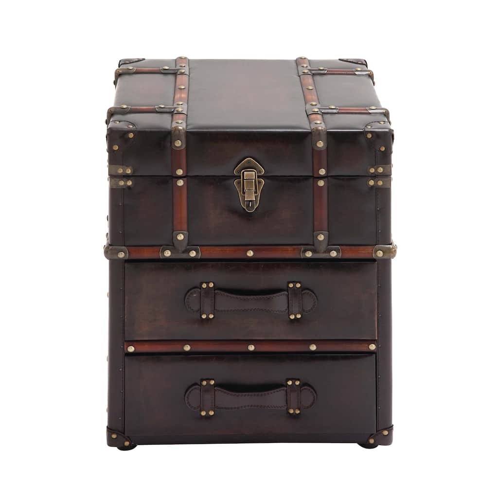 Faux Leather Vintage 2 Drawer Accent Table with Buckle Hinged Top - Dark Brown - Roche River Decor