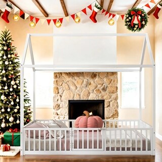 House-Shaped Design Full Size Metal House Bed with Fence and Door,Solid Construction