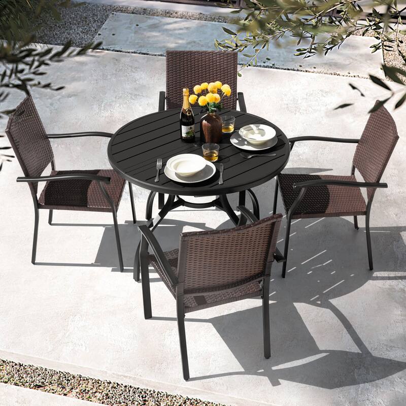 5PCS Outdoor Dining Set, 4 Wicker Chairs and Iron Table with Umbrella Hole, Black