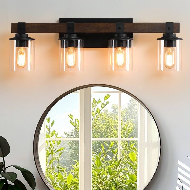 Vanity Light, Industrial Bathroom Wall Sconce with Glass Shades and Wood Accent, Modern Farmhouse Lighting Fixture (No Bulbs) - Black-4Lights