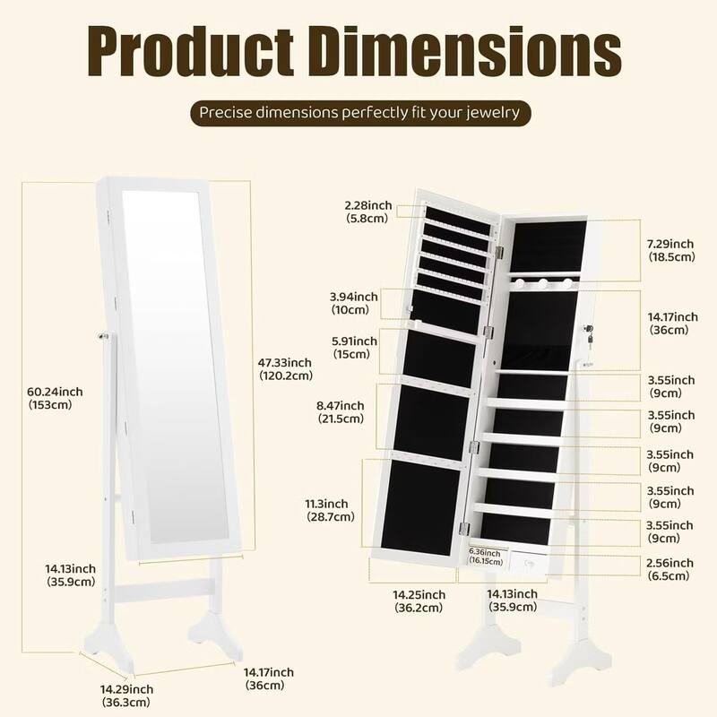 Jewelry Armoire Organizer with Full Length Mirror, Floor Standing Jewelry Cabinet, Lockable Jewelry Storage Box Cabinet