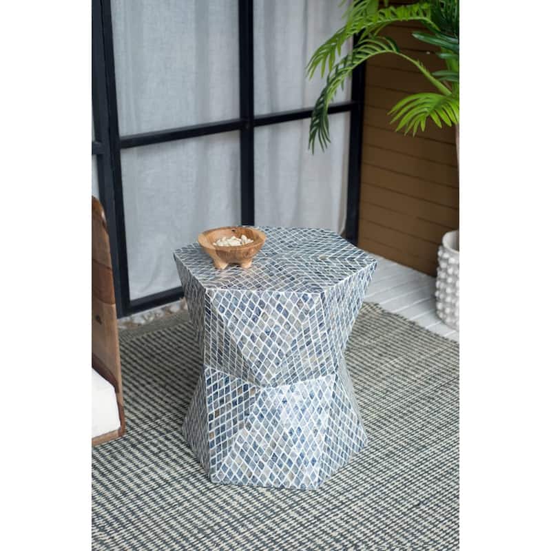 Geometric Capiz Shell Inlay Accent Stool - 19.75" - Blue and White