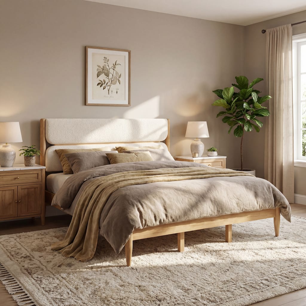 King Solid Wood Bed Frame, Fleece Upholstered Headboard, Elegant Ivory Color