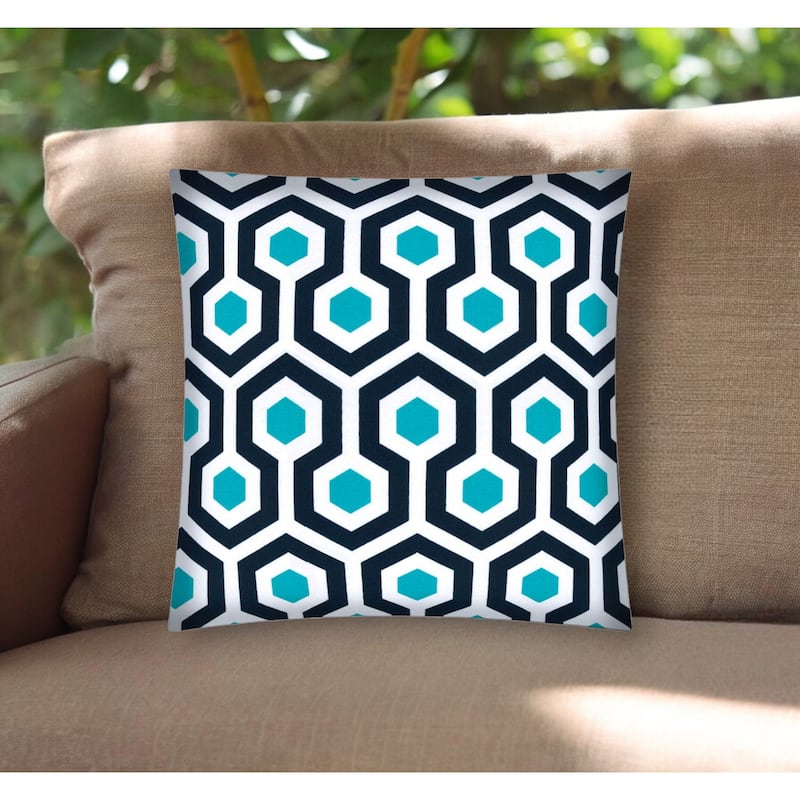 17" Aqua Navy and White Geometric Indoor Outdoor Throw Pillow Cover - 17" X 17" - Aqua Navy and White - 17" X 17"