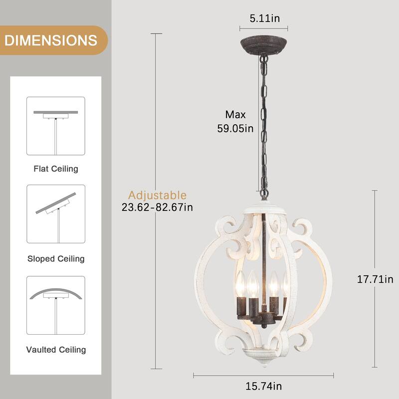 4-Light Antique Wood French Country Chandelier Vintage Pendant for Dining Room