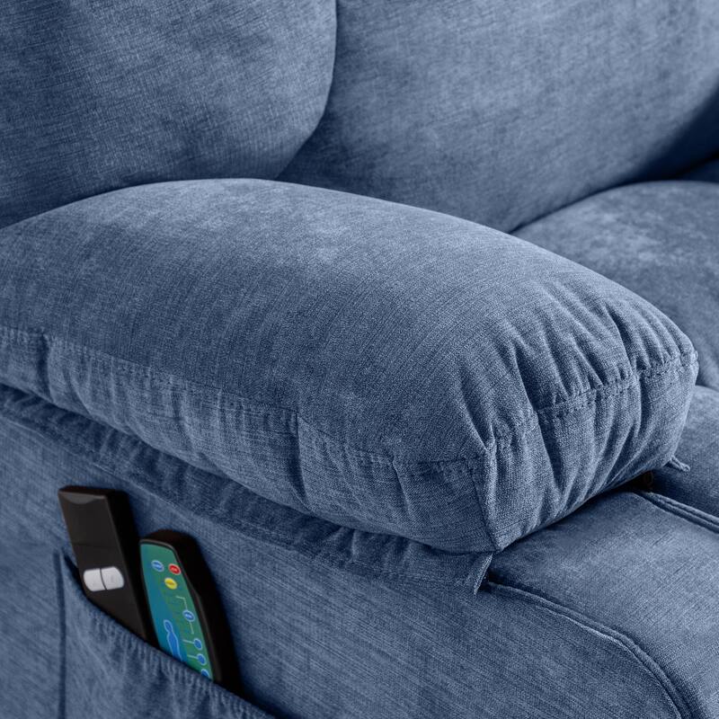Blue Power Lift Recliner with Heating, Massage, USB Charging, Side Storage, and Remote Control Functionality