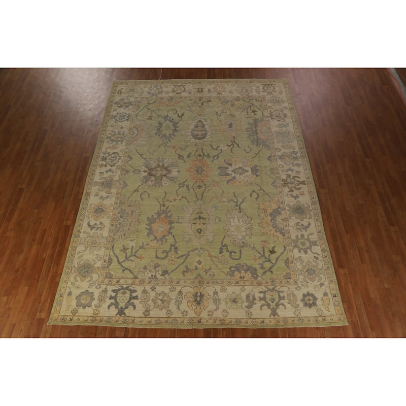Hand Knotted Oriental 100% Wool Carpet Transitional All-Over Green Oushak Area Rug - 12' 1'' X 8' 11''