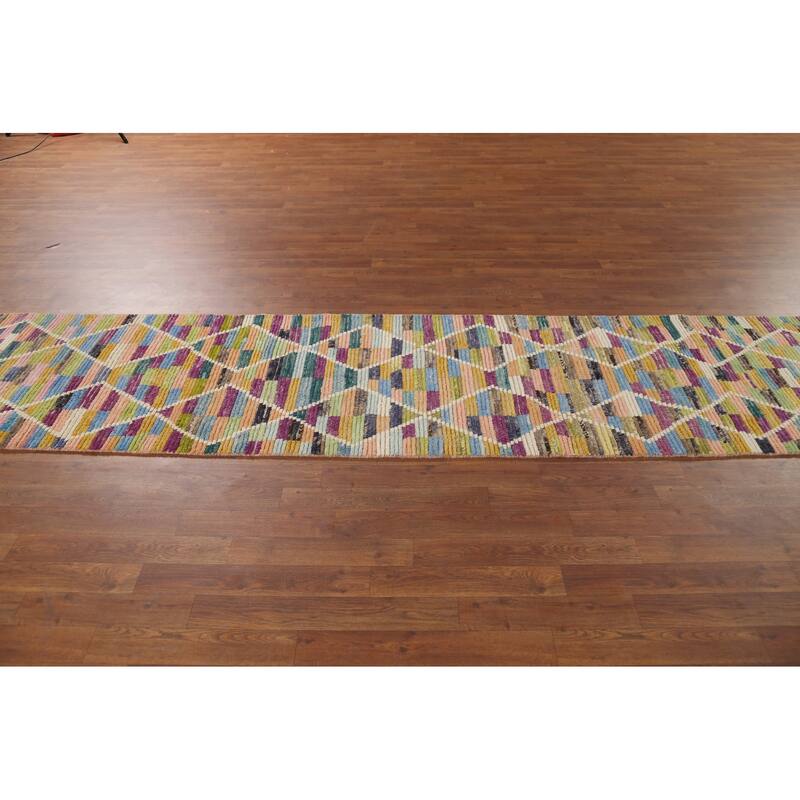 Hand Knotted Oriental 100% Wool Carpet Modern All-Over Multi-Colored Moroccan Runner Rug - 12' 9'' X 2' 5''
