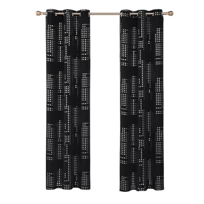 Room Darkening Silver Foil Pattern Grommet Curtains 2 Panels - 38 x 72 Inch - Black