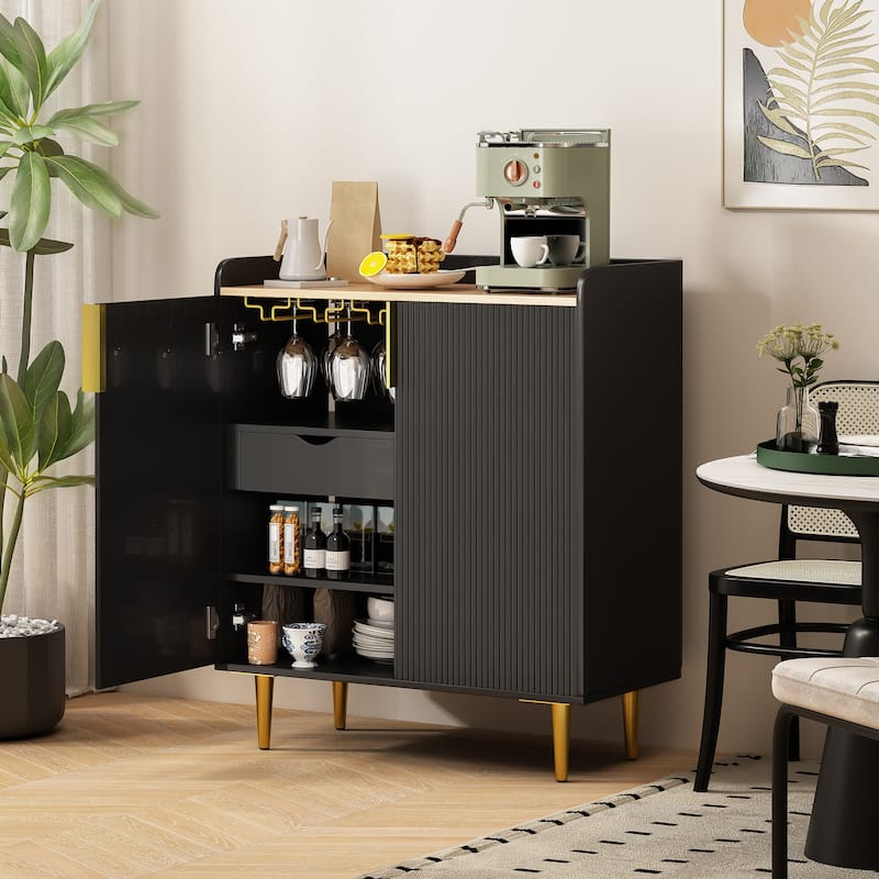 EROMMY Fluted Bar Cabinet with Wine Rack & Glass Holder, Modern Coffee Bar Sideboard with Drawer & Shelves, 31.5” Liquor Cabinet