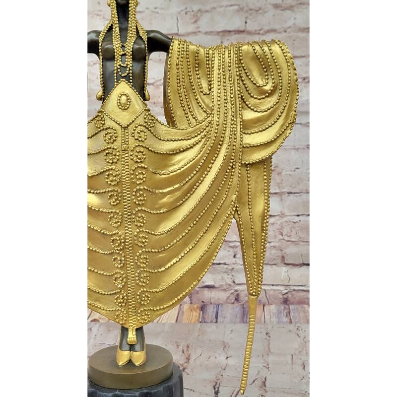J. Erte Art Deco Golden Lady Sculpture With Flowing Drapery On Marble Base