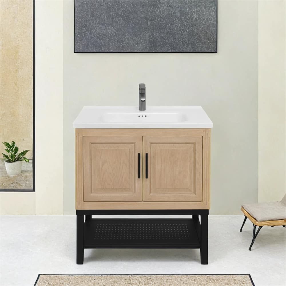 32" Bathroom Vanity with White Ceramic Sink & Hot and Cold Faucet