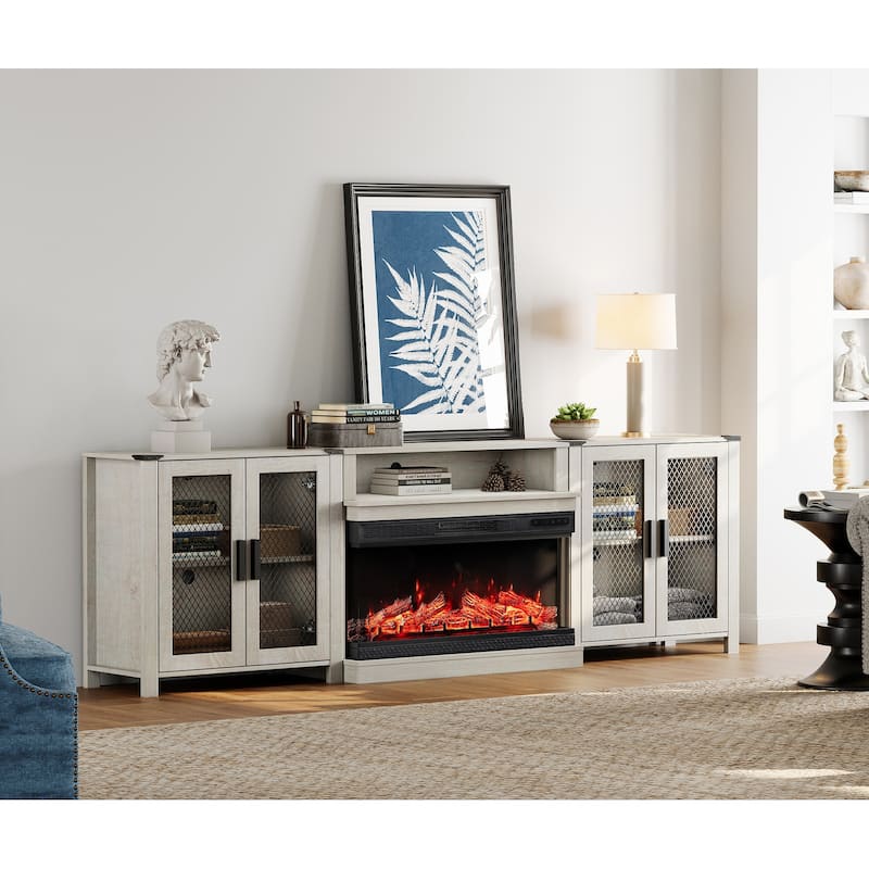 Rustic Wood Fireplace TV Stand with Mesh Barn Doors for Living Room