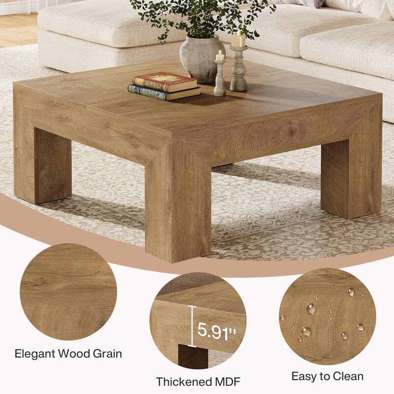 39.4-Inch Square Coffee Table for Living Room, Farmhouse Accent Center Cocktail Table with Sturdy Wooden Legs