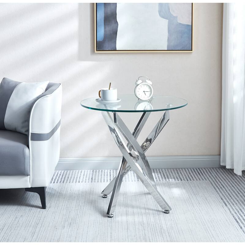 Modern Round Tempered Glass End Table with Stainless Steel Legs - Silver
