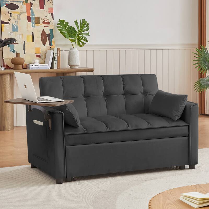 Velvet Loveseat Convertible Pull-out Sleeper Sofa Bed, Futon Sofa with 2 Pillows & phone Holder Pocket Recliner Sofa