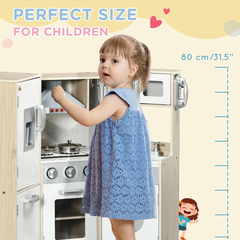 Qaba Ultra-Big Corner Kids Kitchen Playset with Sound Effects, Wooden Play Kitchen with Stainless Steel Cooking Toys