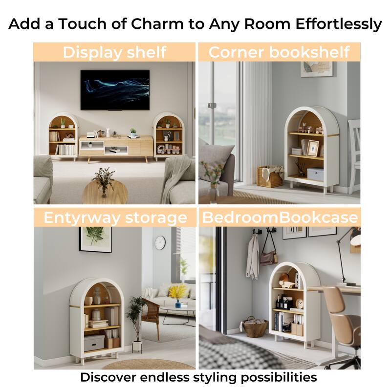 Arched Small Bookcase,Arched Storage Cabinet,Wooden Modern Arched Top Bookshelf with 3 Shelves, 3-Tier Storage Shelf