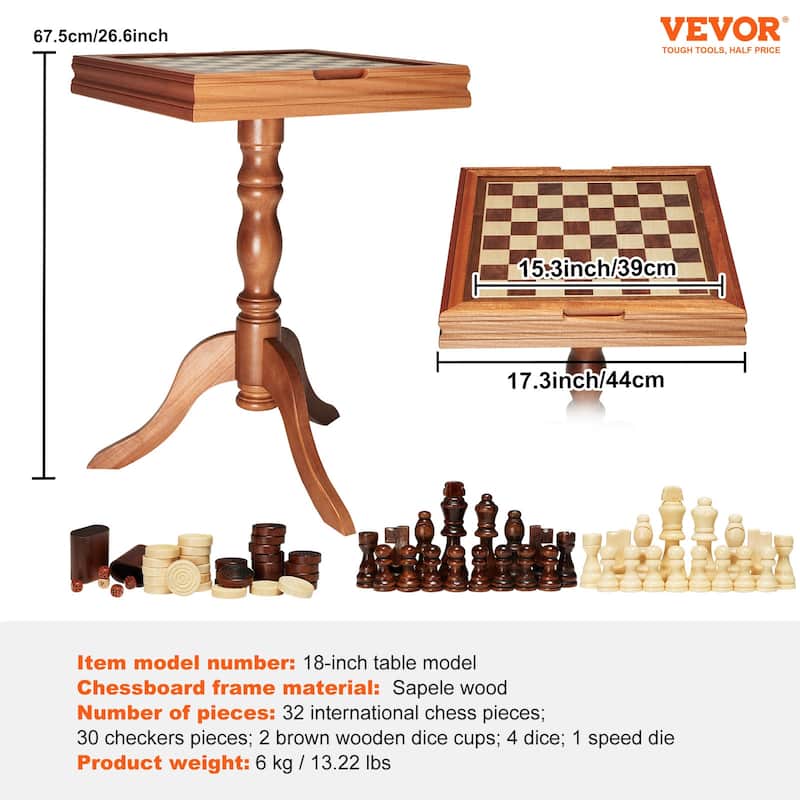 VEVOR 3-IN-1 Chess Checkers Backgammon Table Set Premium Wooden Chess Table Deluxe Combo Game Table Furniture Set - 18 Inch