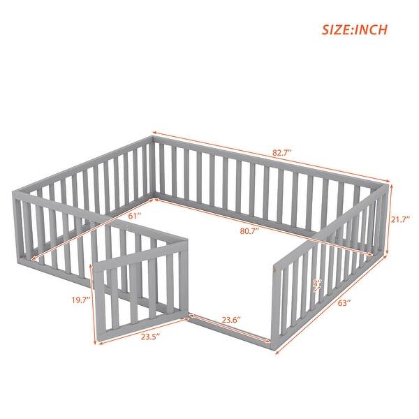 dimension image slide 3 of 4, Queen Size Floor Bed with Fence, Wood Bed Frame with Door