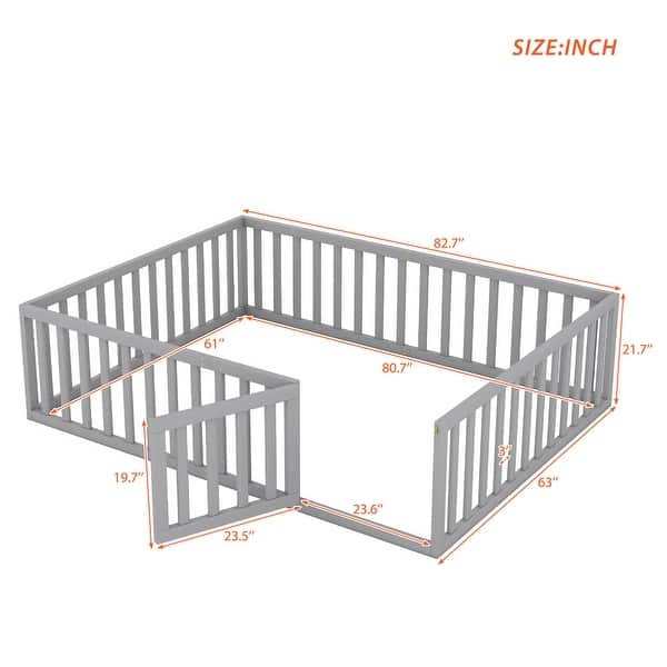 dimension image slide 0 of 4, Queen Size Wood Floor Bed w/ Fence & Door Upholstered Bed Frame