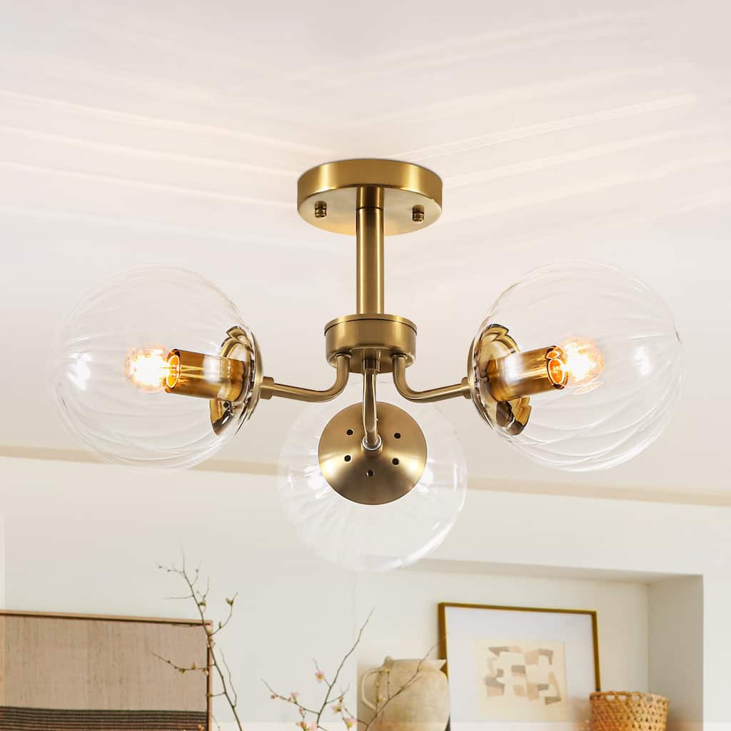 3-Light Mid-Century Modern Gold Sputnik Semi-Flush Mount Light with Clear Ribbed Glass Globe for Living Room, Entryway
