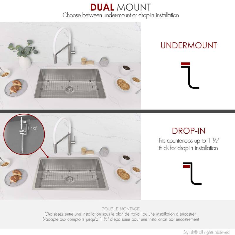 Stylish Dual Mount 30" Stainless Steel Single-Bowl Kitchen Sink S-411 - 30" x 18" x 9"
