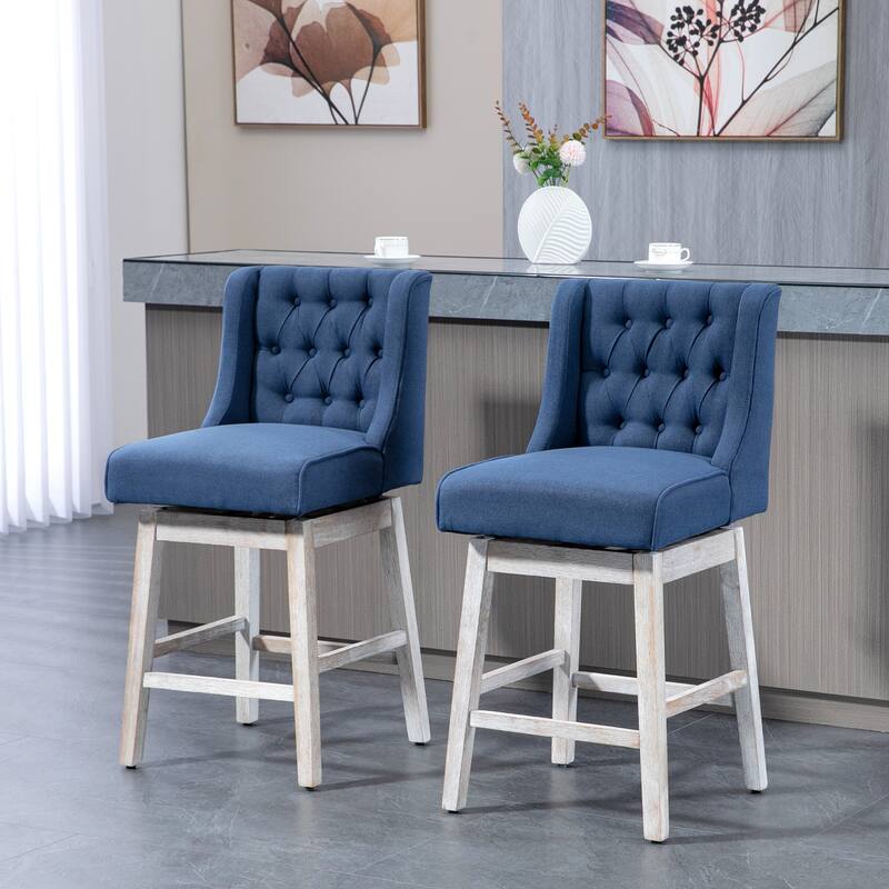 Set of 2 Vintage Swivel Counter Height Bar Stools with Linen Upholstered and Rubber Wood Legs - 18" L x 22.5" W x 39.75" D - Blue