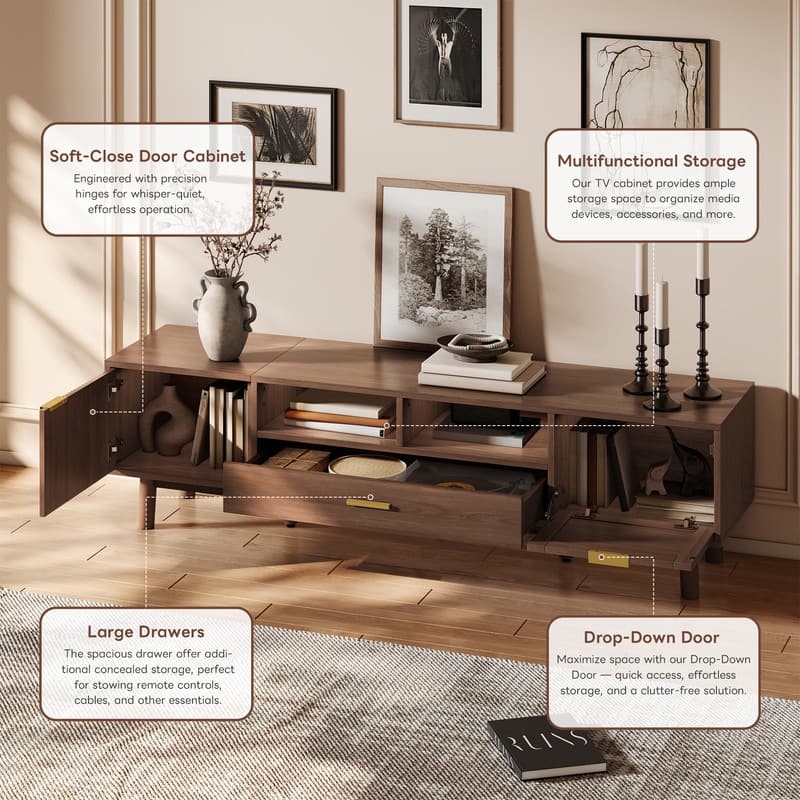 Wood Fashionable TV Stand for 75" TVs, TV Cabinet with Soft-Closing Door and Drop-Down Door Cabinet,Dark Brown