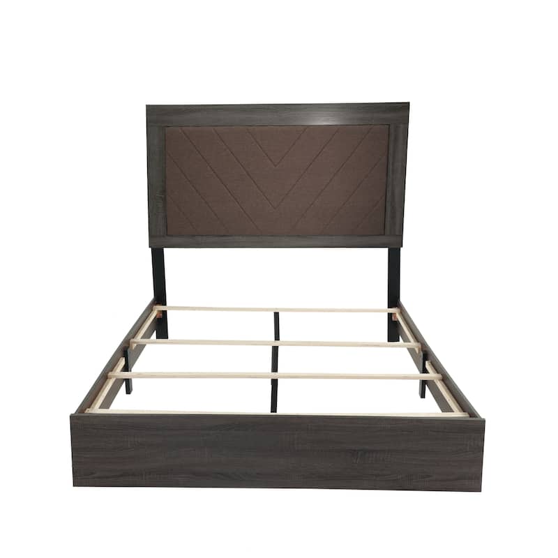 Contemporary Style 1pc Bed Set V-design Padded Upholstered Headboard Platform bed Gray Finish Bedroom Furniture