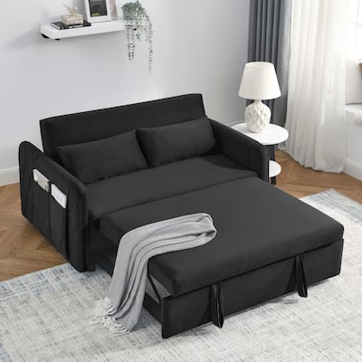55" Modern Convertible Velvet Sofa Bed with Detachable Arm Pockets and Adjustable Backrest for Small Spaces