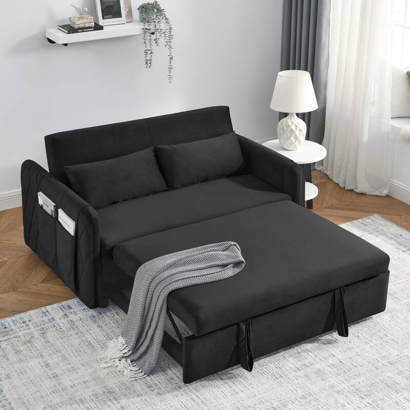 Pull-Out Velvet Couch with Chaise and Storage, Ideal for Apartments and Guest Rooms - Black