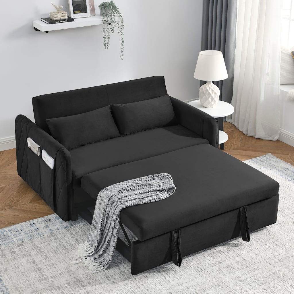 Pull-Out Velvet Couch with Chaise and Storage, Ideal for Apartments and Guest Rooms