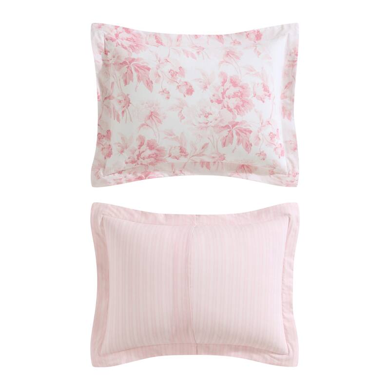 Laura Ashley Anja Textured Toile Floral All Season Cotton Comforter Set with Solid Reverse (Pink)