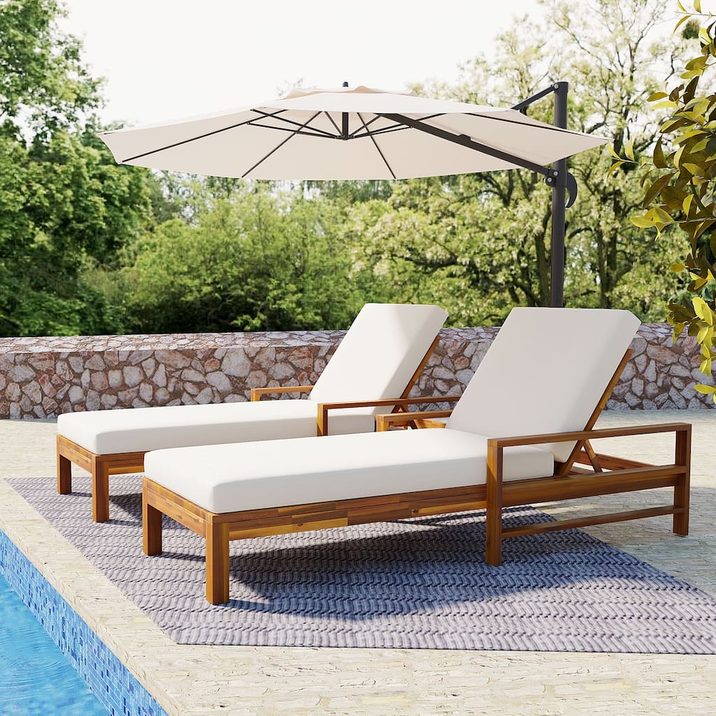 Set of 2 Outdoor Patio Chaise Lounge Chairs, Acacia Wood Adjustable Backrest Recliners for Garden, Terrace, Poolside
