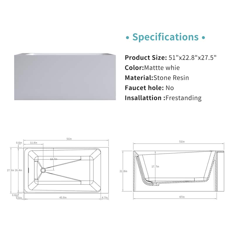 Solid Surface Freestanding Soaking Bathtub with Left Drain and Pop-up Drain, Modern Matte White Tubs with Overflow