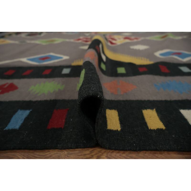 Hand Woven Oriental 100% Wool Carpet Southwestern Tribal Greys & Charcoal Kilim Area Rug - 10' 2'' X 8' 8''