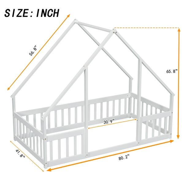 dimension image slide 0 of 3, Kids Furniture Twin Size Wood House-Shaped Floor Bed Kids Bed with Fence and Guardrails, Grey