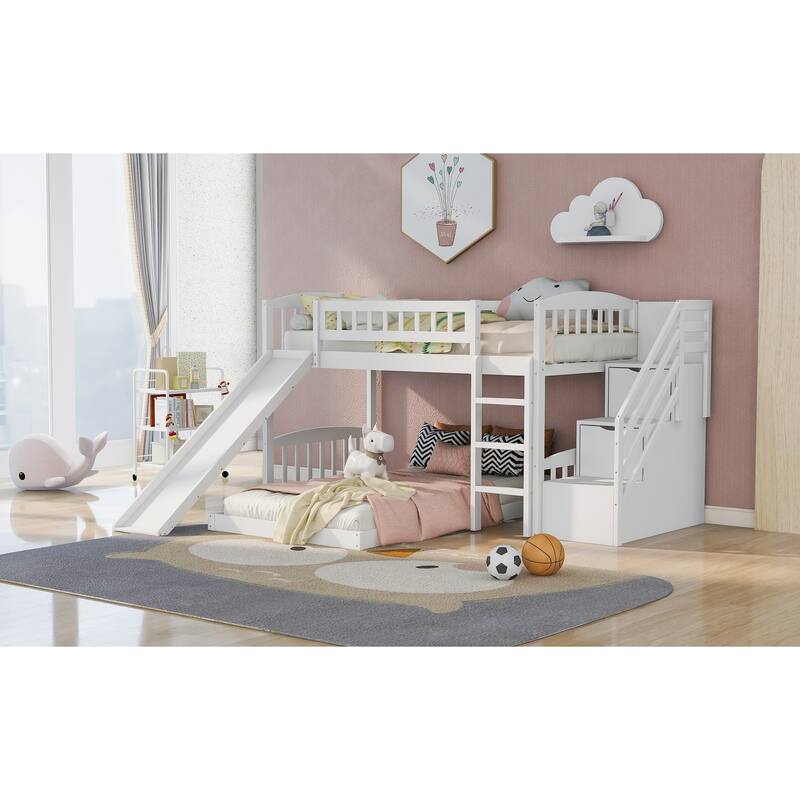 Twin over Twin Bunk Bed with Storage Stairs and Slides, Low Profile Platform Bed, Daybed and Floor Bed Set, No Box Spring Need