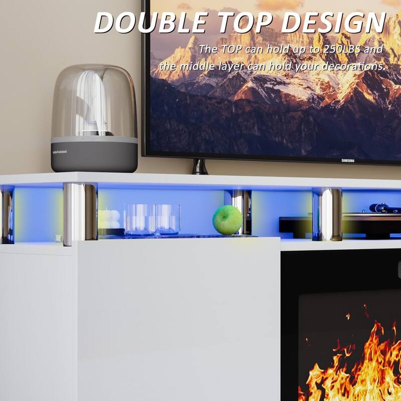BOSSIN 70" Modern Electric Fireplace TV Stand, with Electronic Flame and LED Lights, High Gloss Finish Entertainment Center