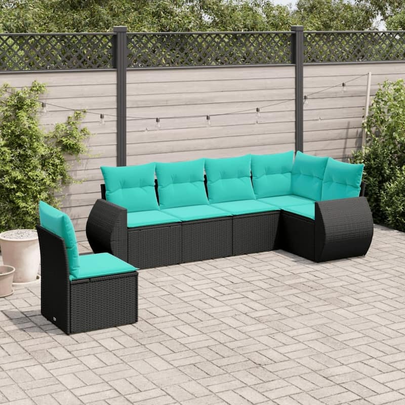vidaXL 6 Piece Patio Sofa Set with Cushions Black Poly Rattan - 28 x 24.4 x 27.2-Without table