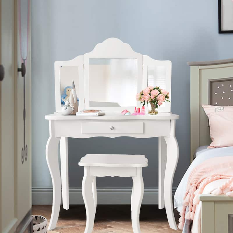 Kids Vanity Table and Stool Set Princess Makeup Dressing Table