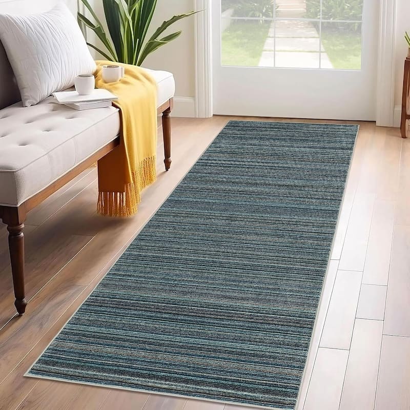 Modern Stripe Machine Washable Area Rug for Bedroom, Living Room, Blue - 1'6" x 2'6" - Blue 2' x 6'