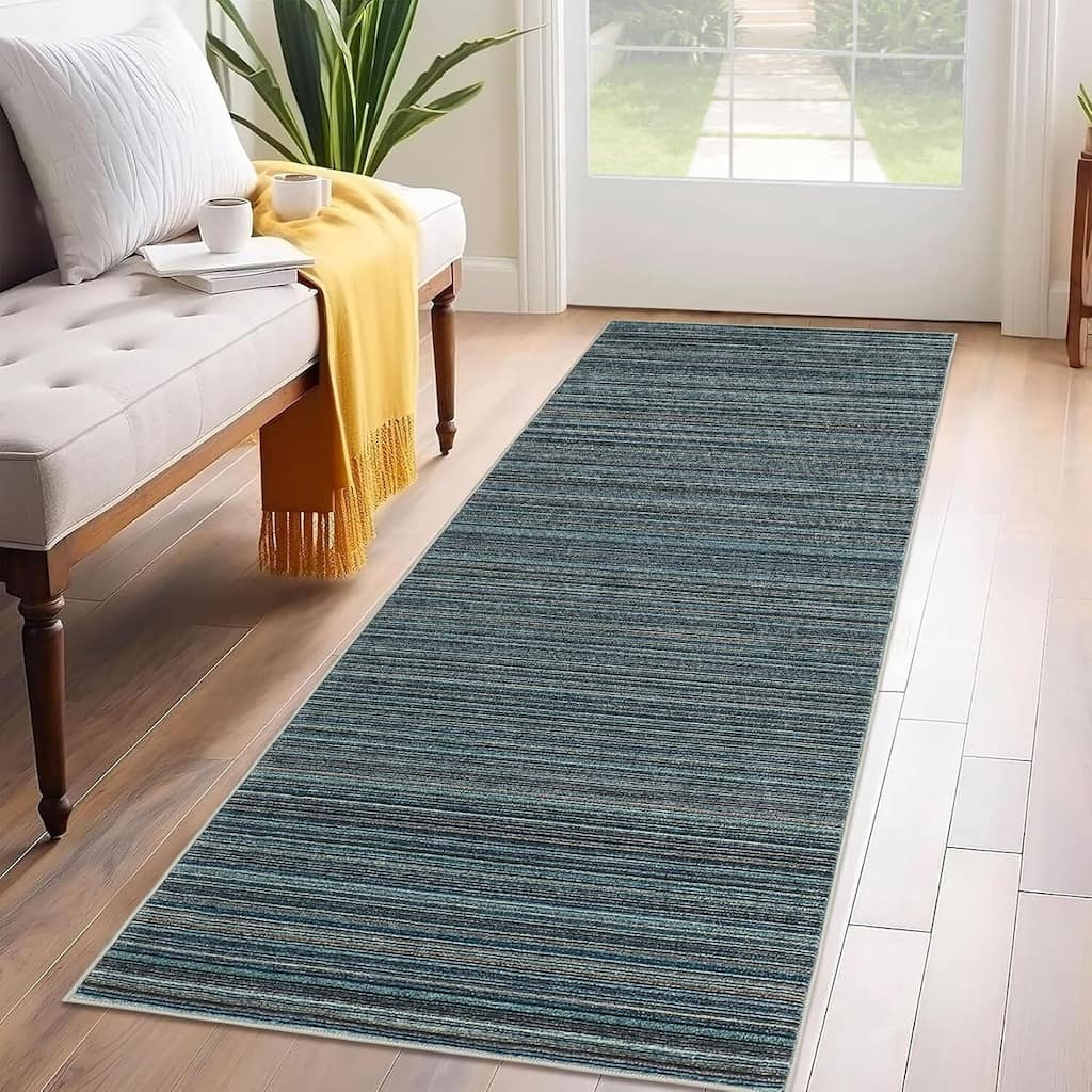 Modern Stripe Machine Washable Area Rug for Bedroom, Living Room, Blue - 1'6" x 2'6"